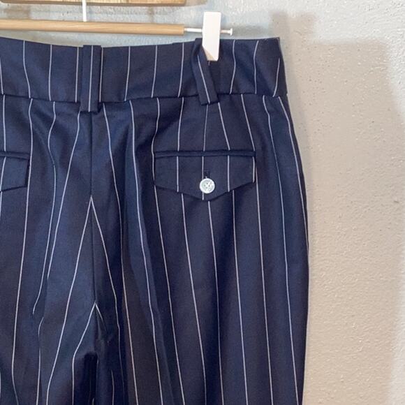 Falconnable Wool Silk Pinstripe Wide Leg Pant Navy White Sz 8 Scandi Girl Luxury - Picture 5 of 12